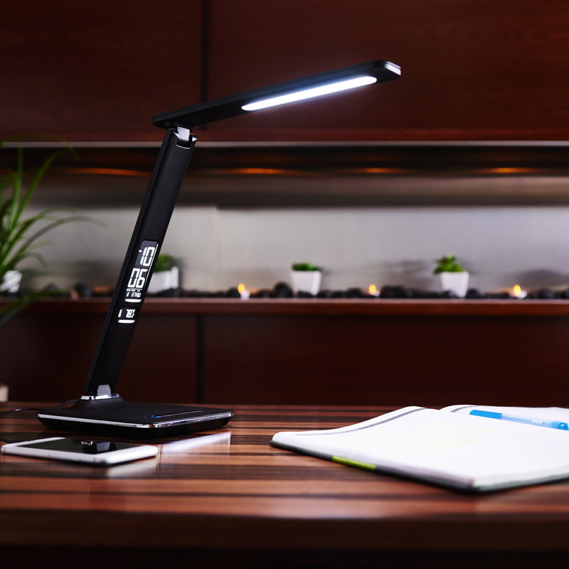 Port de charge USB pour lampe de bureau OttLite Renew, affichage de la date, 6 réglages de luminosité, cou réglable, Noir