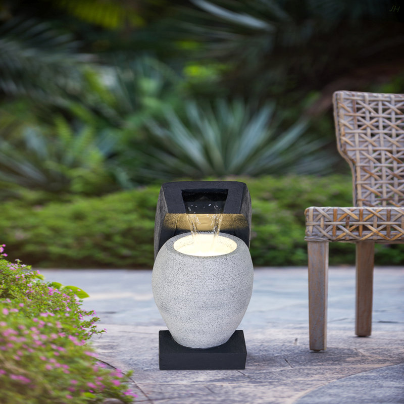 10X8.1X23.4" Black And White Water Fountain With Vase Design, With Light And Pump, For Indoor And Outdoor