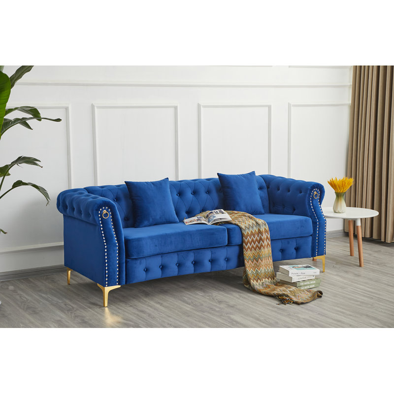 Canapé rembourré avec pieds en bois massif, Velours bleu foncé, H 30,3 po x l 84,6 po x P 30,7 po