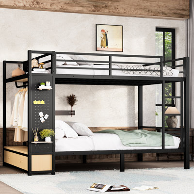 Grand lit superposé en métal avec tiroirs de rangement, tablettes et - Idéal pour un dortoir étudiant, un dortoir pour employés ou un petit appartement en noir multifonctionnel Comprend un portemanteau, des tablettes, des tiroirs latéraux