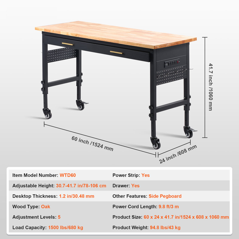 60" Workbench on Wheels Adjustable Height Table with Power Outlet & Drawer