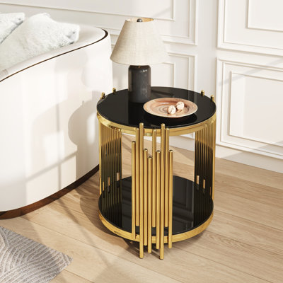 Round 2-Tier Glass End Table with Gold Frame