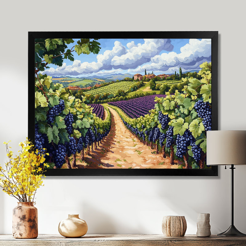 Vineyard In California Summer I - vignoble, art mural, H 16 po x l 32 po, Cadre simple, Noir
