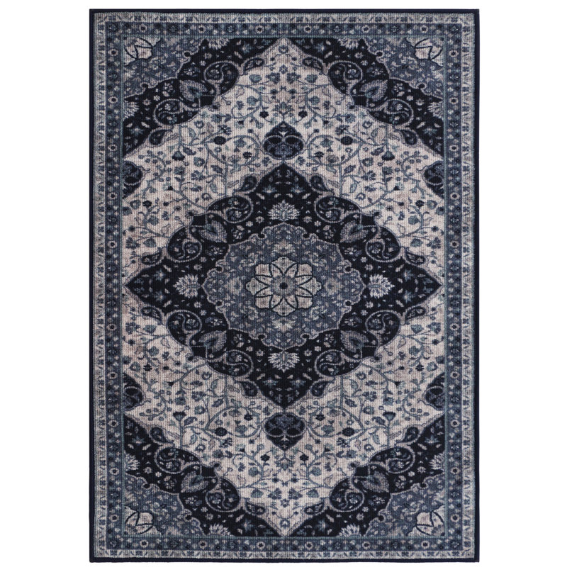 Tapis oriental cobalt touffeté Munz, Rectangle 7 pi 6 po x 9 pi 6 po