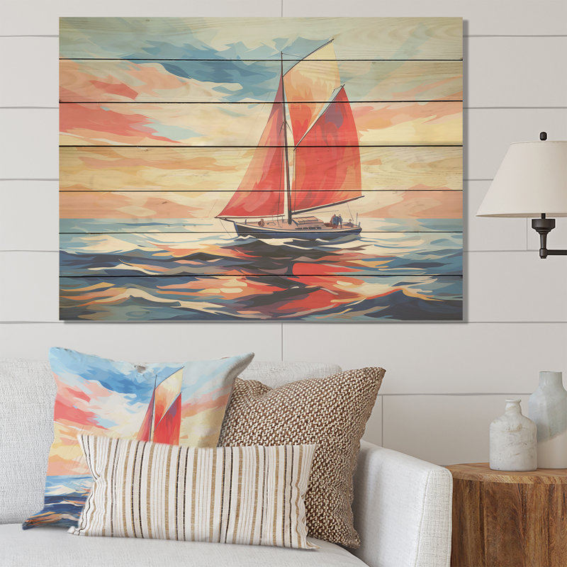 Coucher de soleil sur un bateau à voile I - Impression sur bois, H 24 po x l 32 po x P 0,78 po