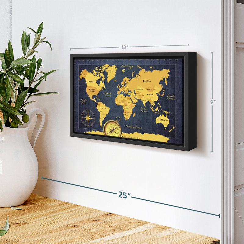 Carte «Gold Compass World Map Canvas Print», H 9 po x l 13 po