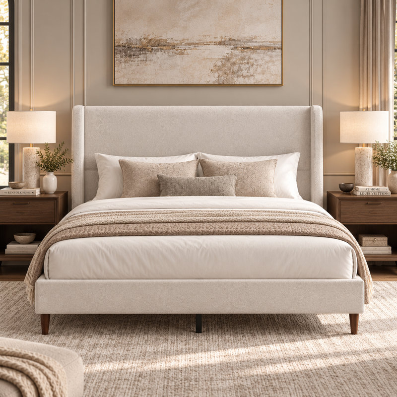 Lit plateforme tapissier en chenille ivoire Charlotte avec tête haute et pieds en bois massif, King, Ivory White