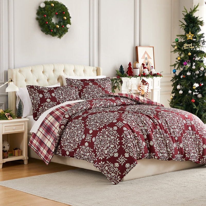 Christmas Carol Oversized Reversible Holiday Bedding Duvet Cover Set with shams, King Duvet Cover + 2 King Pillow Shams