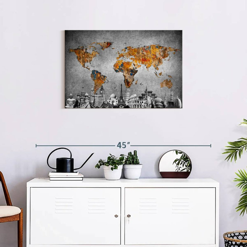 Impression sur toile, "Carte du monde colorée", H 20 po x l 30 po x P 1,25 po