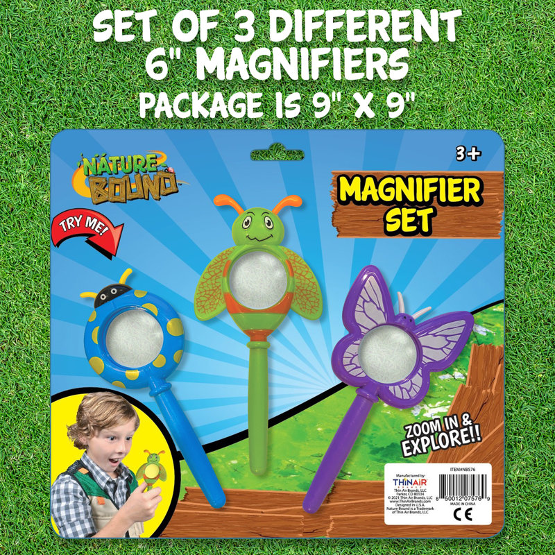 Nature Bound: ensemble de loupes - 3 loupes en forme d'insecte de 6 po, zoom 4X, jeu d'intérieur et d'extérieur, jouet dexamen et d’exploration, durable, enfants de 3 ans et plus