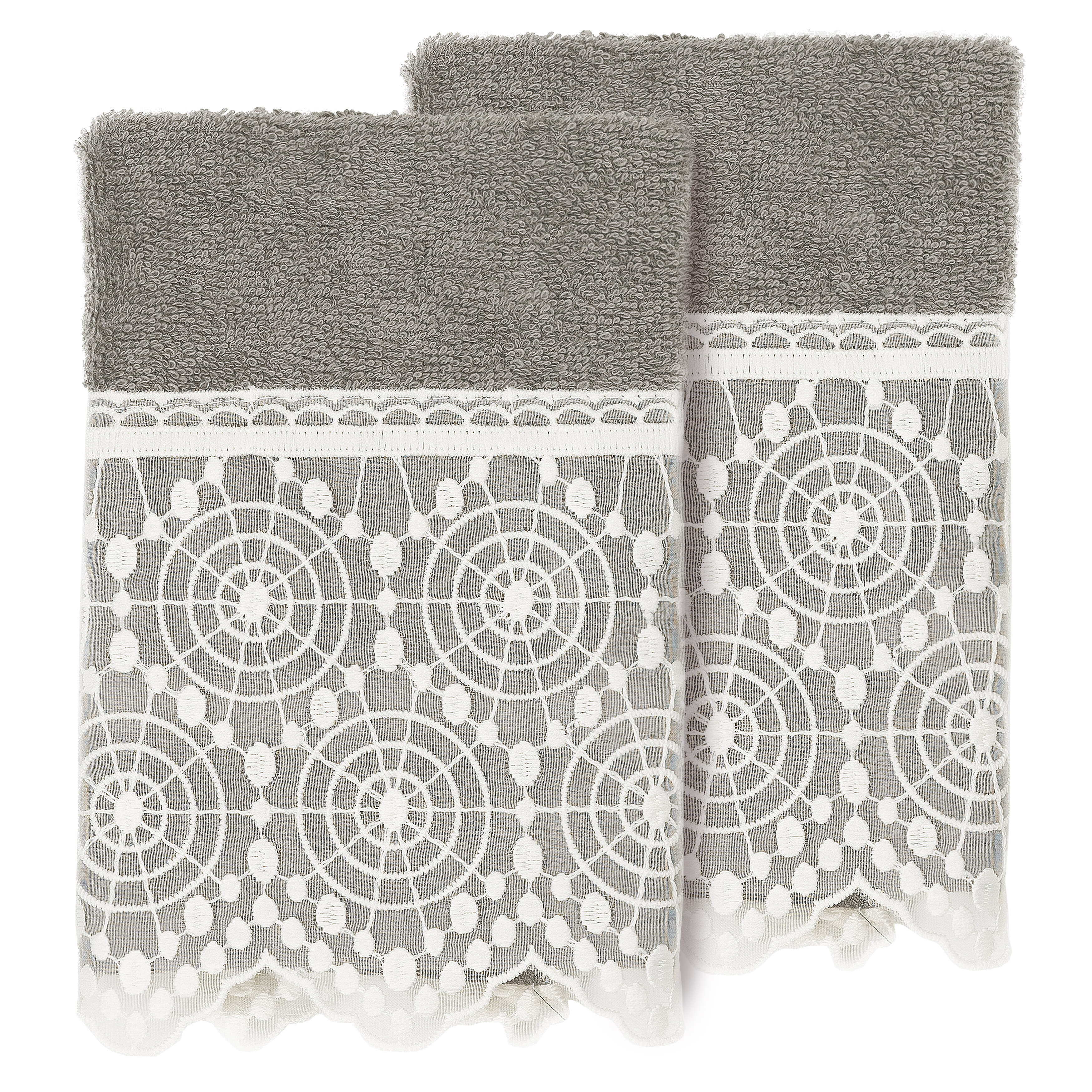 Sand & Stable Valentina 3 Piece Turkish Cotton Light Gray Lace Embellishedm  Towel Set