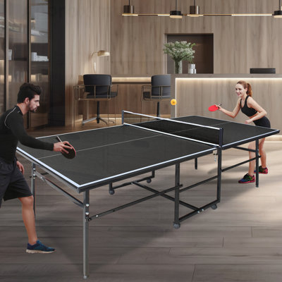 Mid-Size Table Tennis Table Foldable & Portable Ping Pong Table Set for Indoor Games with Net, 2 Table Tennis Paddles and 3 Balls