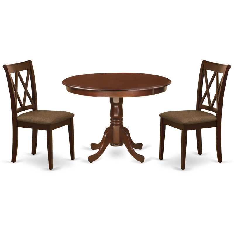 3 Piece Dining Room Furniture Set Contains a Round Kitchen Table with Pedestal and 2 Linen Fabric Upholstered Dining Chairs, Mahogany