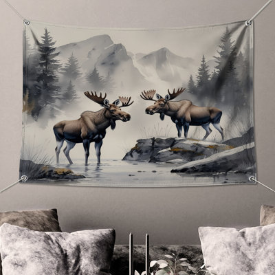 Moose In Mountain Landscape Wall Tapestry - Moose Wall Decor
