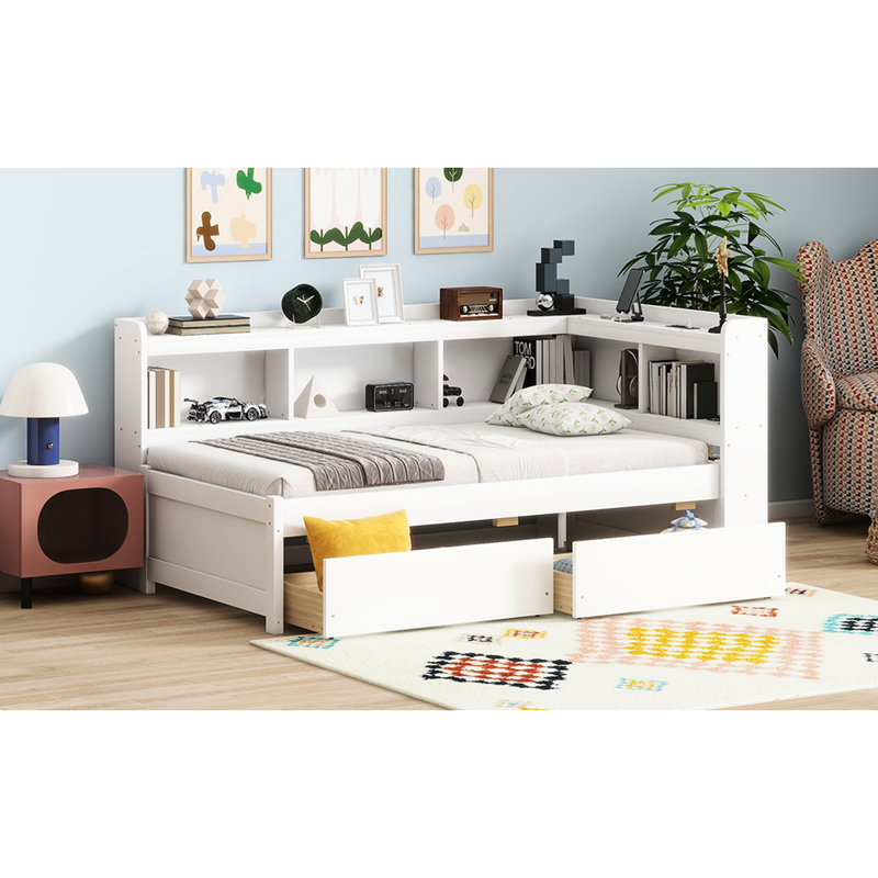 Lit simple blanc en forme de L avec bibliothèques avec prises de courant, station et deux tiroirs de rangement - Stable et fonctionnel pour lit de petite taille, blanc, chambre de charge