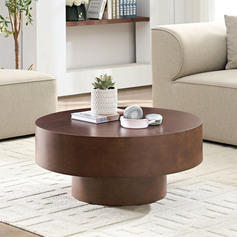 Table basse ronde en faux bois de ronce avec piédestal robuste