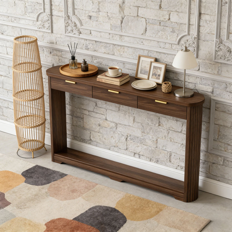 70.1" Wavy-Patterned Storage  Console Table,Sofa Table, Walnut