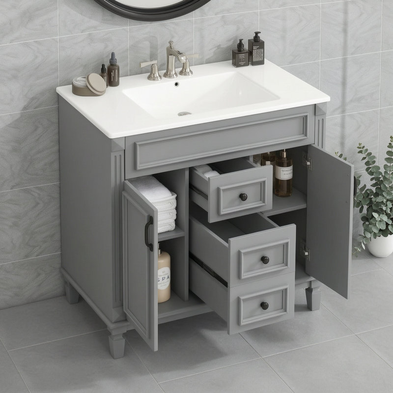 Meuble-lavabo simple avec lavabo en céramique, Gris