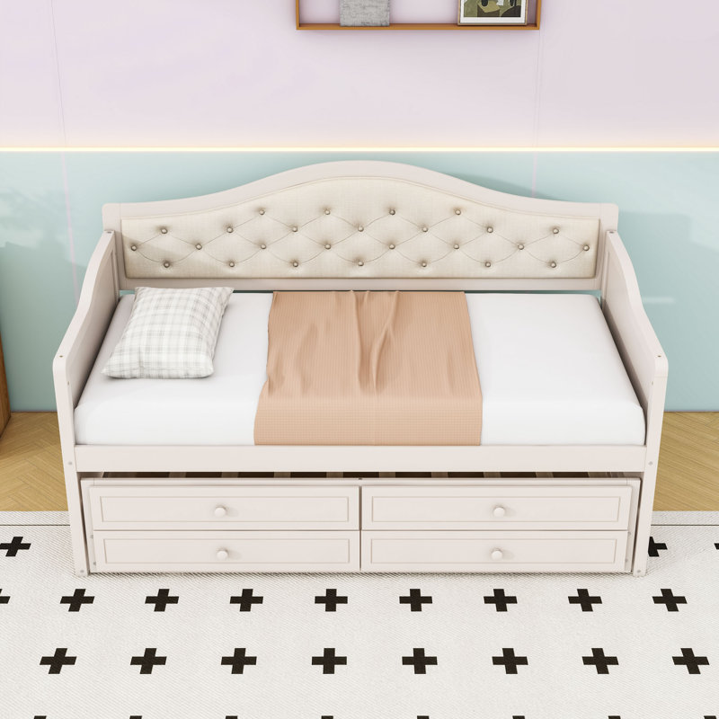 Lit de jour simple avec lit gigogne et 2 tiroirs de rangement, Beige
