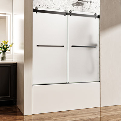 60" W x 60" H Matte Black Frameless Double Sliding Shower Door, Bathtub Door, 5/16" (8mm) Frosted Ultra-Clear Nano-Coated Tempered Glass