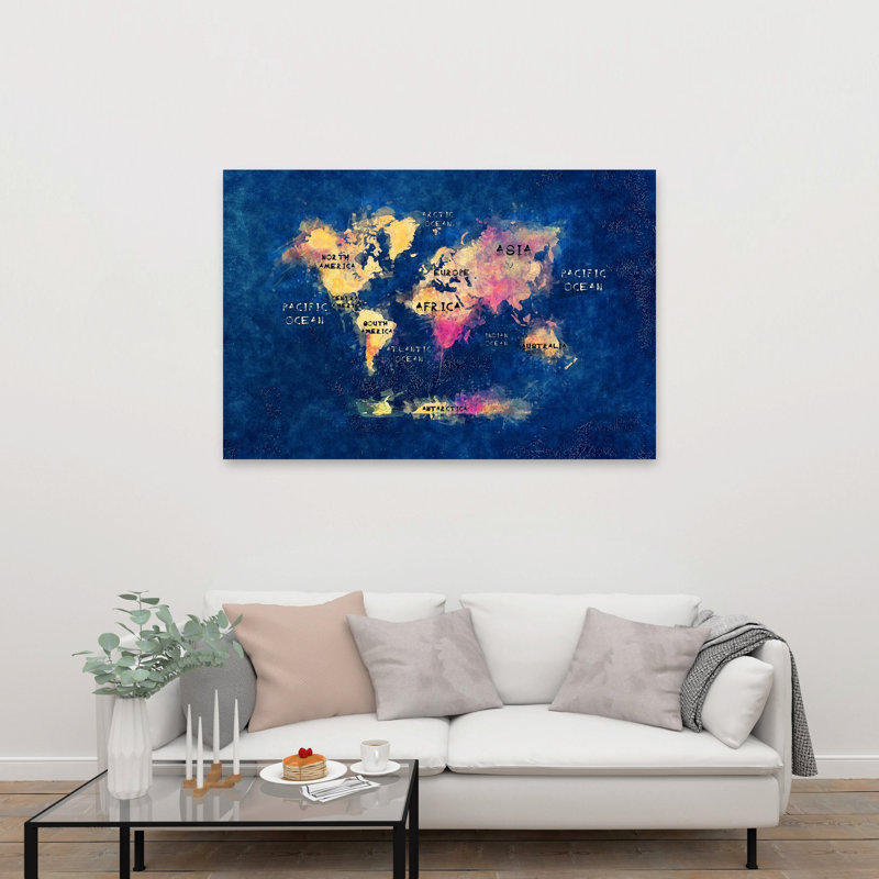Carte du monde, art mural contemporain, H 40 po x l 60 po, Blue/Pink/Yellow