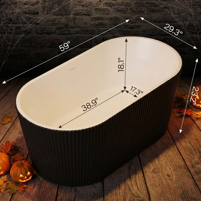 Acrylic Freestanding Bathtub, Deep Soaking Stripe Tub with Drain, Solid Surface Stand Alone Bath, Contemporary Indoor Bathroom Spa Tub for Adults, Large Foot Soak