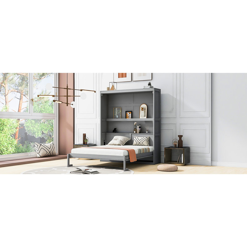 Lit pliant avec tablettes, gris - facile à tirer et à utiliser, grand lit, transformez votre armoire de salon pour une fabrication confortable de porte-matelas en contreplaqué