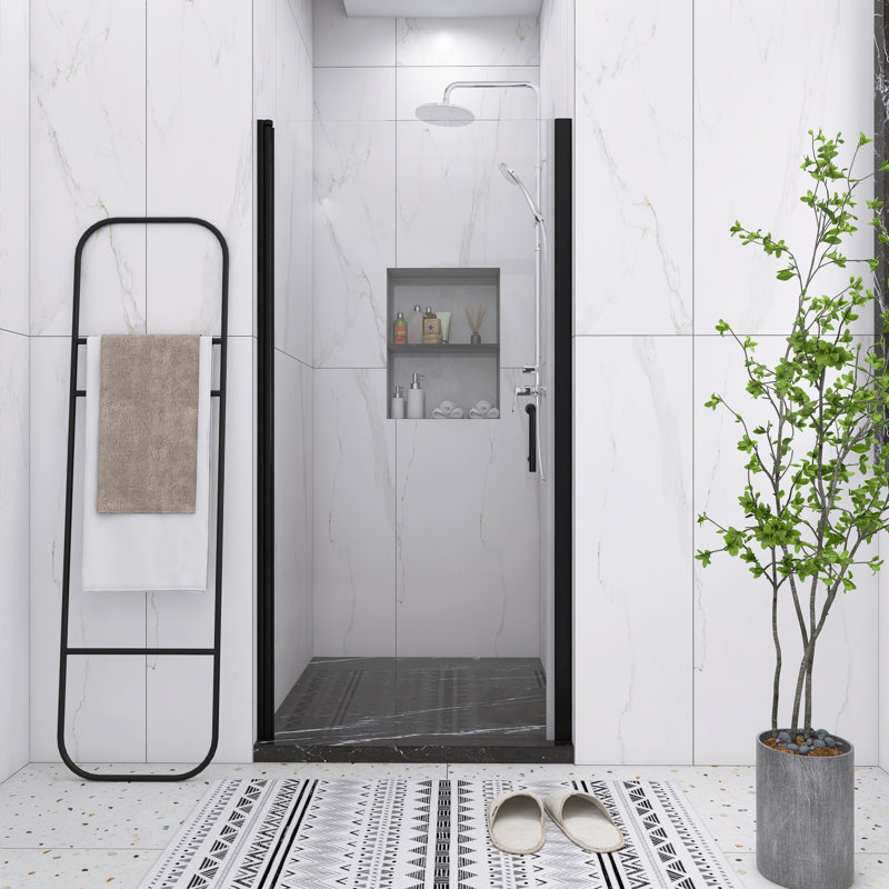 Porte de douche pivotante l 36 po x H 72 po à finition demi-cadre noir mat