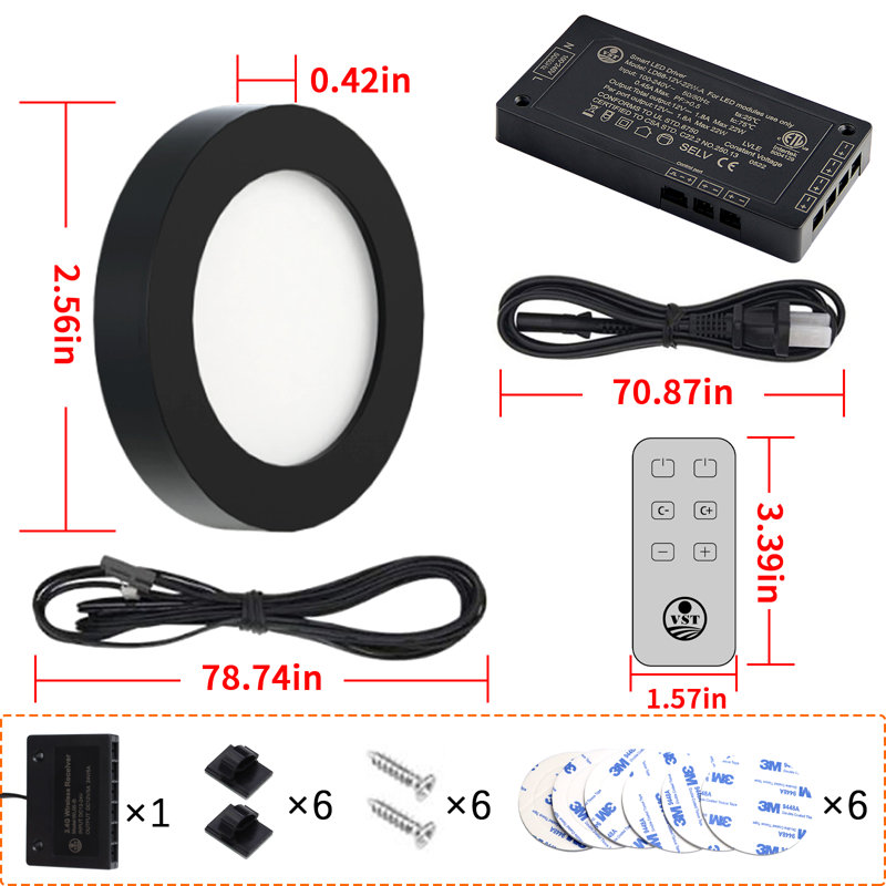 Éclairage d'armoire avec télécommande, paquet de 6 ampoules enfichables 12V 2W 3000K à 6500K, Noir mat