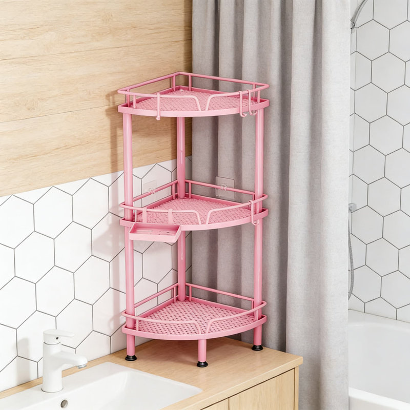 Premium 3-Tier Corner Shower Caddy Stand With Adjustable Feet, Soap Holder & 4 Hooks - Sturdy Floor Storage Organizer For Bathroom