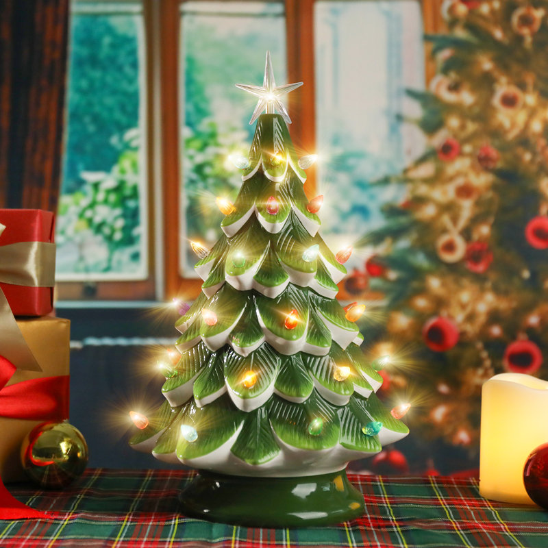 Arbre de Noël en céramique - Décoration d'arbre de Noël de table de 14,5 po avec lumières multicolores et cime d'arbre étoilé à piles (pile non incluse)