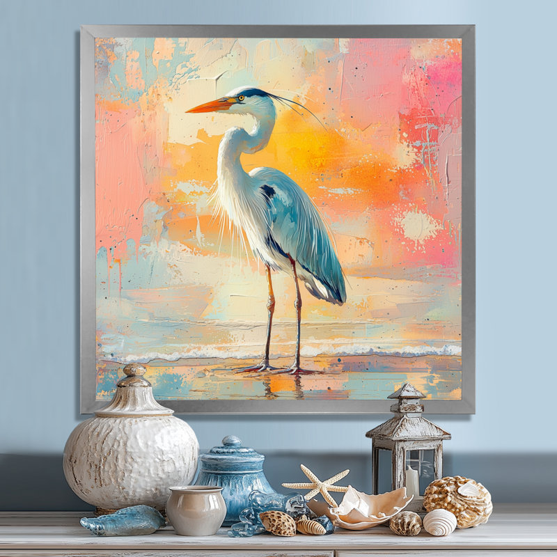 Aurelindo, héron sur le rivage - héron, art mural, H 16 po x l 16 po, Reproduction encadrée d'une seule photo, Argent argent