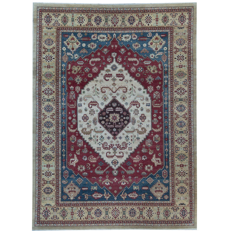 Tapis bleu, rouge et beige noué à la main de haute qualité