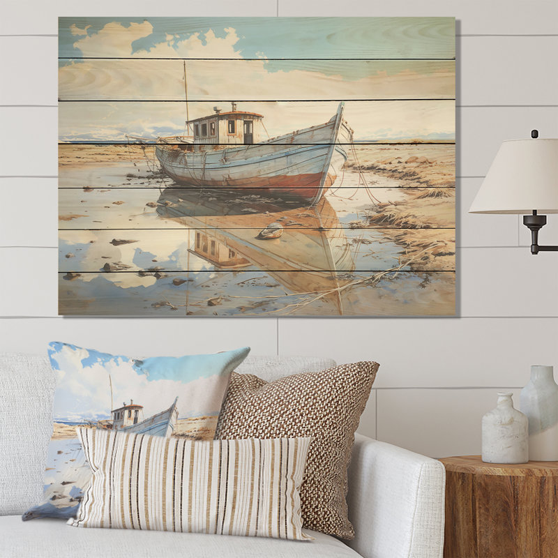 Impression de bateau de pêche rouge et blanc d'hiver Tranquility IV - Minimalisme sur bois, H 30 po x l 40 po