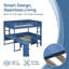 Lit mezzanine double, structure en bois, avec bureau rétractable, bibliothèque, canapé et lampe, style minimaliste, lit tout en un, bleu-546006577