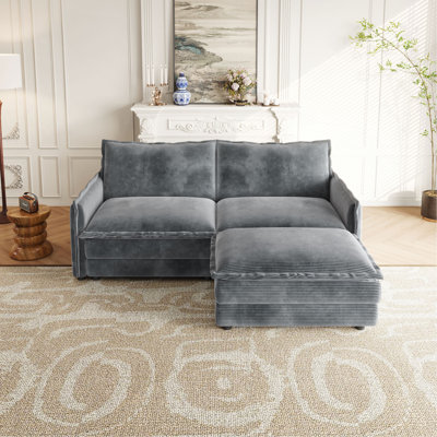 Corduroy Fabric Loveseat Sofa Couch With 1 Footrest For Living Room,2 Seater L-Shaped Sectional With Ottoman, Upholstered Large Size Deep Seat 2-Seat Sofa With 2 Cushions