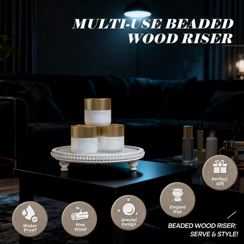 Round pine display stand with beaded base, rustic-style decorative storage., Cream