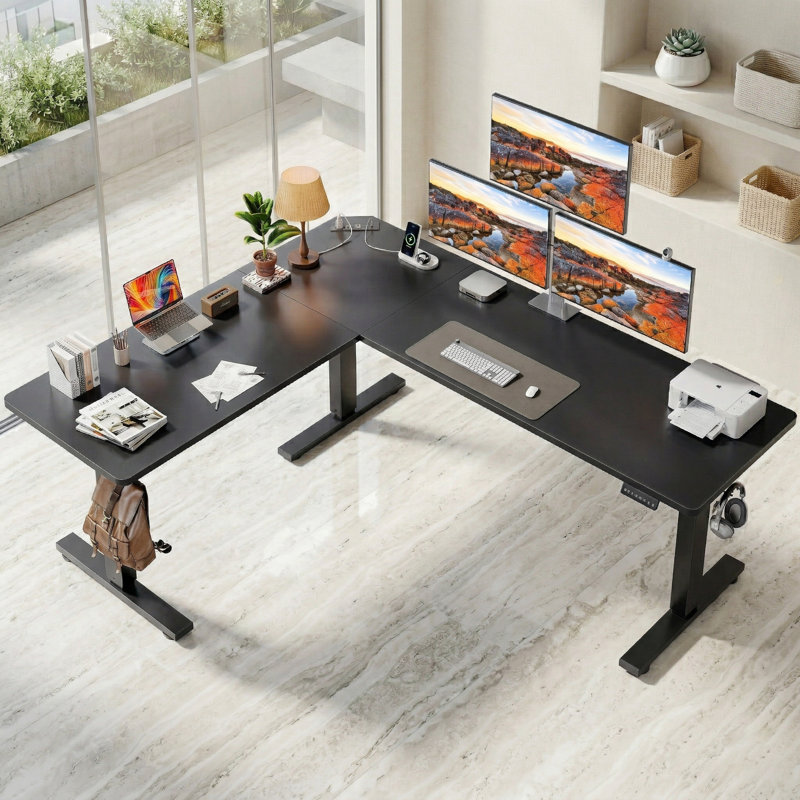 Bureau debout en L - Bureau électrique à hauteur réglable avec contrôleur de mémoire, H 45,7 po x l 74,8 po x P 63 po, Noir