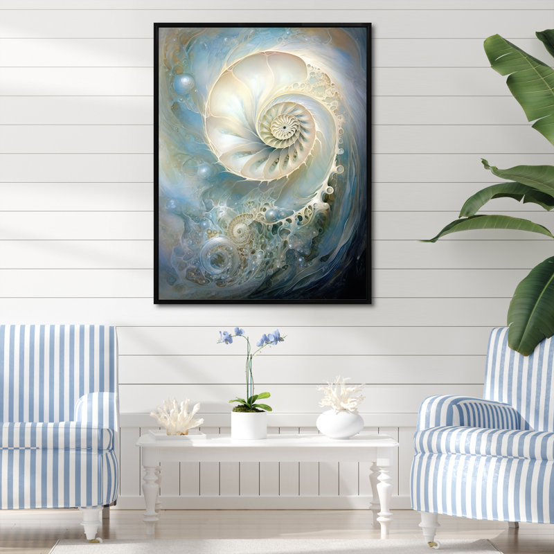 Nautilus perle bleue et blanche sur toile, H 32 po x l 24 po x P 1 po, Cadre flottant noir