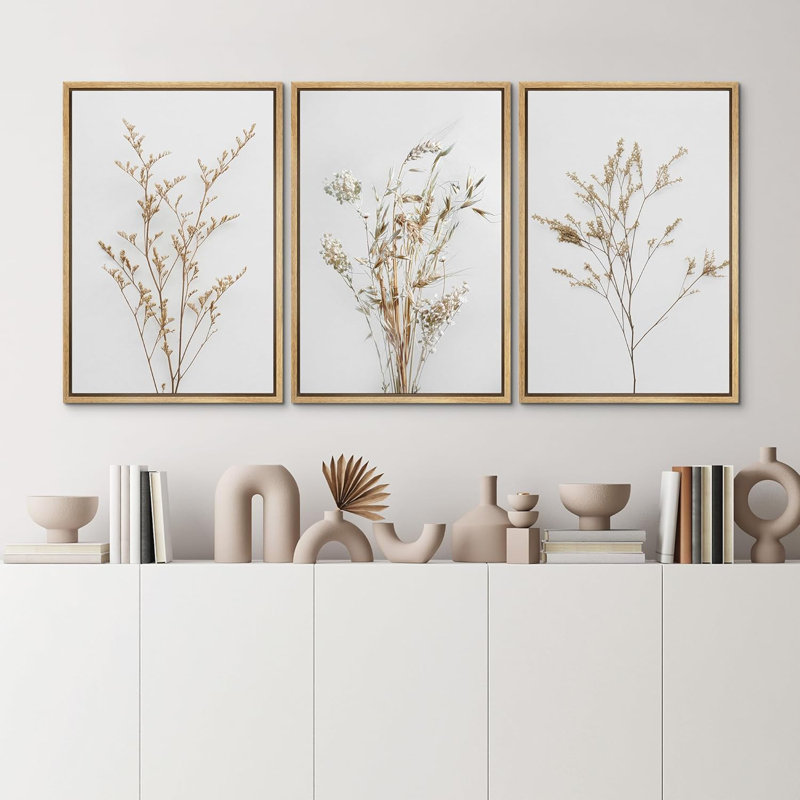 Minimal Botanical «Neutral Wildflowers Floral Art, Simple Organic Modern Wall Images, Large Encadré, Impression Giclée sur Toile, 3 pièces, ensemble de 16 x 24 x 3, 24 x 36 x 3