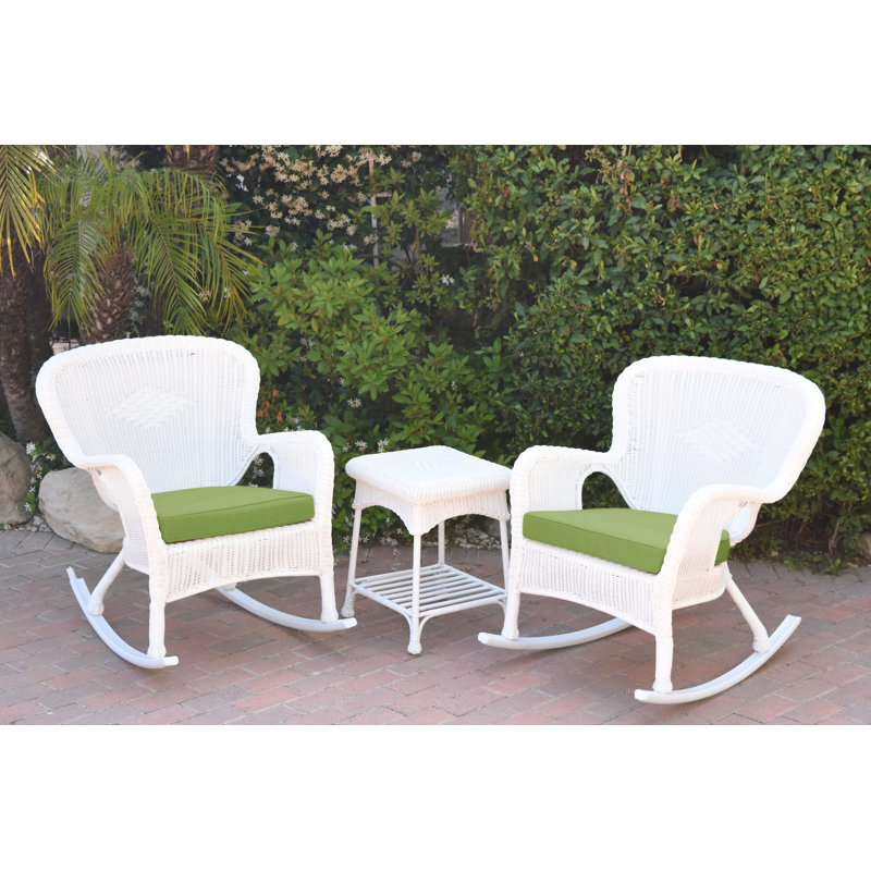 Windsor Resin Wicker Rocker Chair And End Table Set With Cushions, Sage Green, White