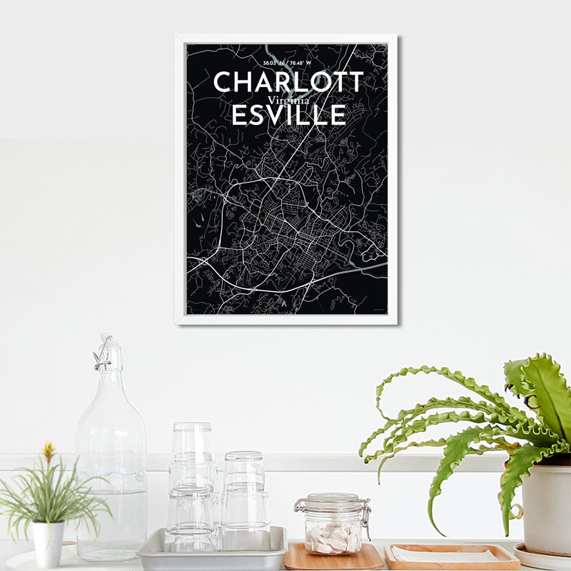 Charlottesville, carte de la ville, impression graphique, H 24 po x l 18 po x P 0,05 po, Gris / noir