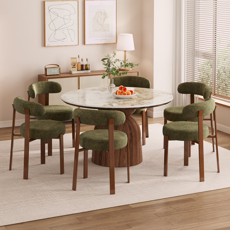 Adwin  6-Person 51.18" Round Pedestal Dining Table Set, 7 Pieces: Table, 6 Chairs, Green