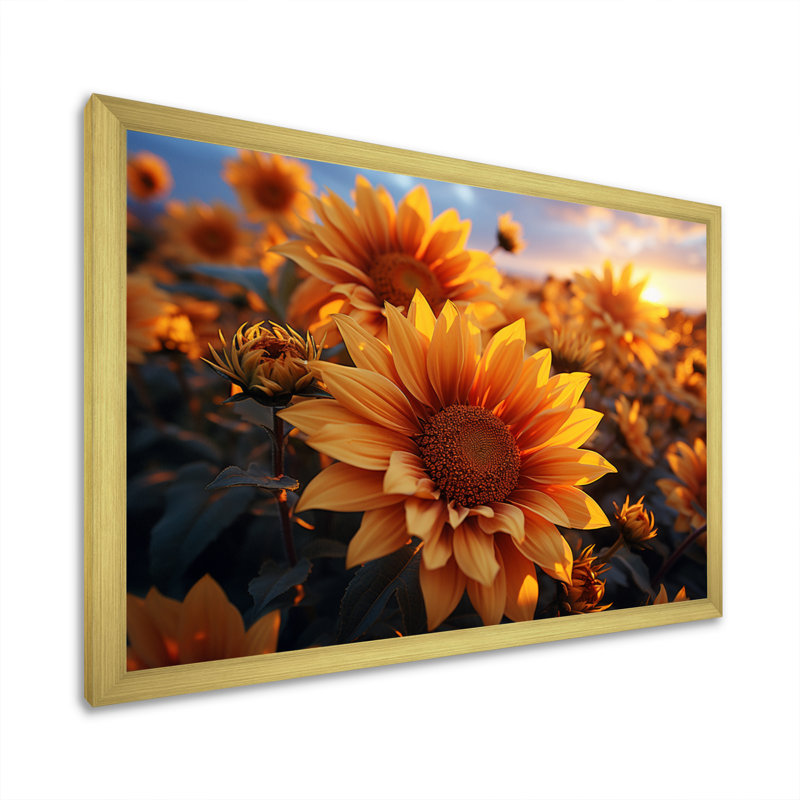 Décoration murale jaune tournesols champ jaune - tournesols, H 12 po x l 20 po x P 1 po, Encadrement doré