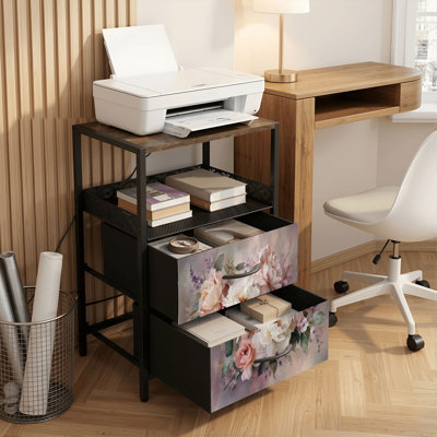 Table de chevet 2 tiroirs avec station de charge, table de chevet pour chambre à coucher avec ports USB, tablette ouverte noire, table de chevet avec motif floral doux, pivoines et abat-jour pastel