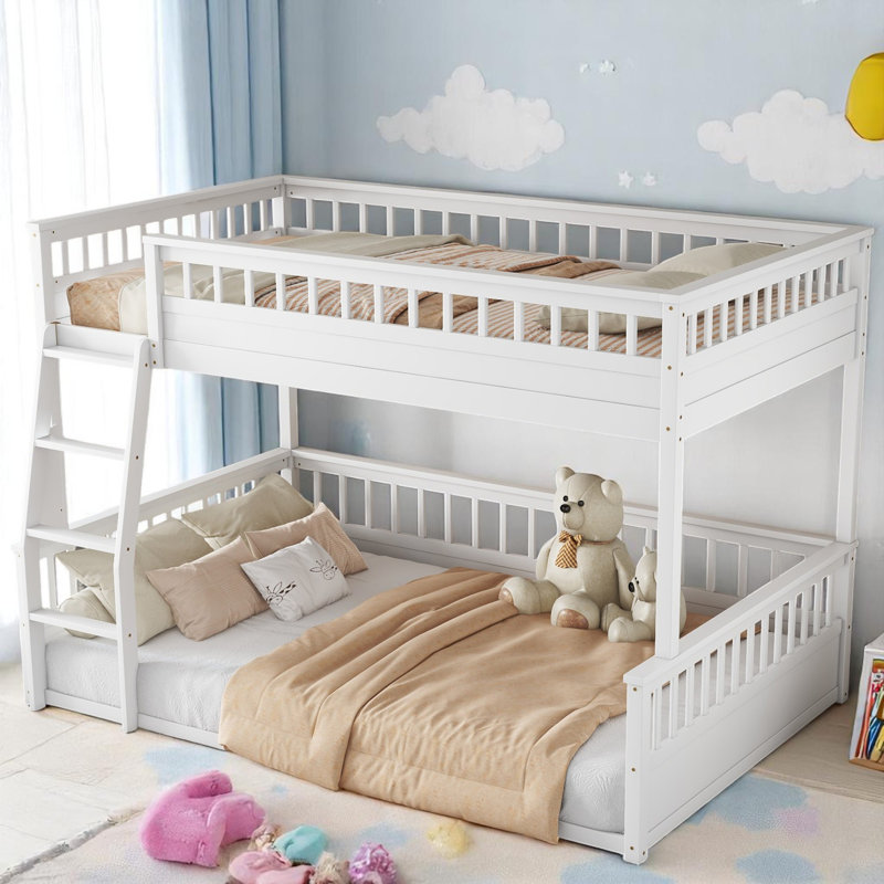 Wooden Bunk Bed With Ladder And Guardrails,Convertible To 2 Beds, Full XL Over Queen, White