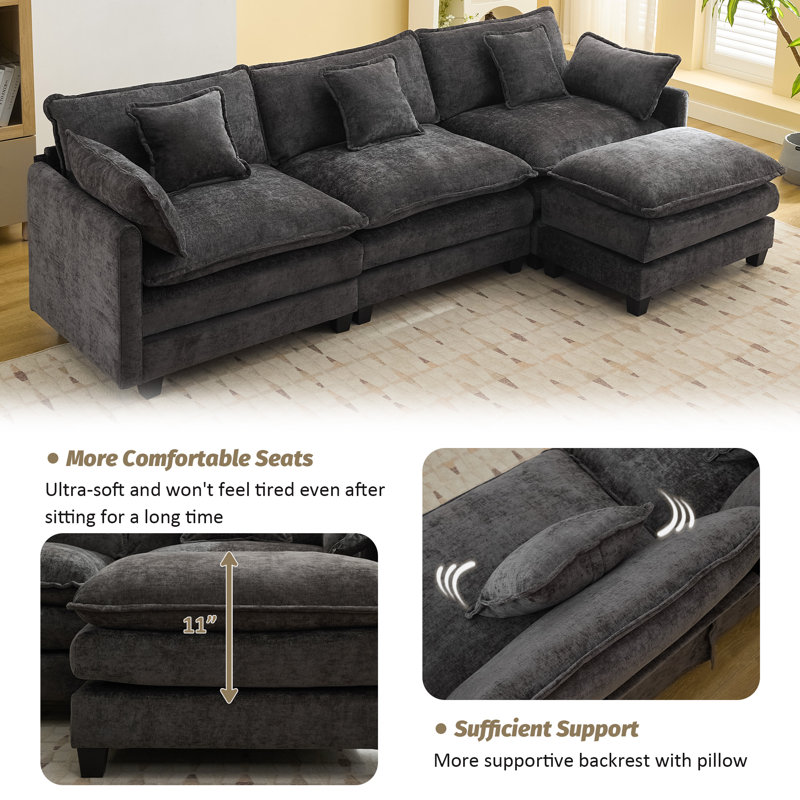 Chenille Upholstered Sectional Sofa Couch with Ottoman, 4, Dark Gray
