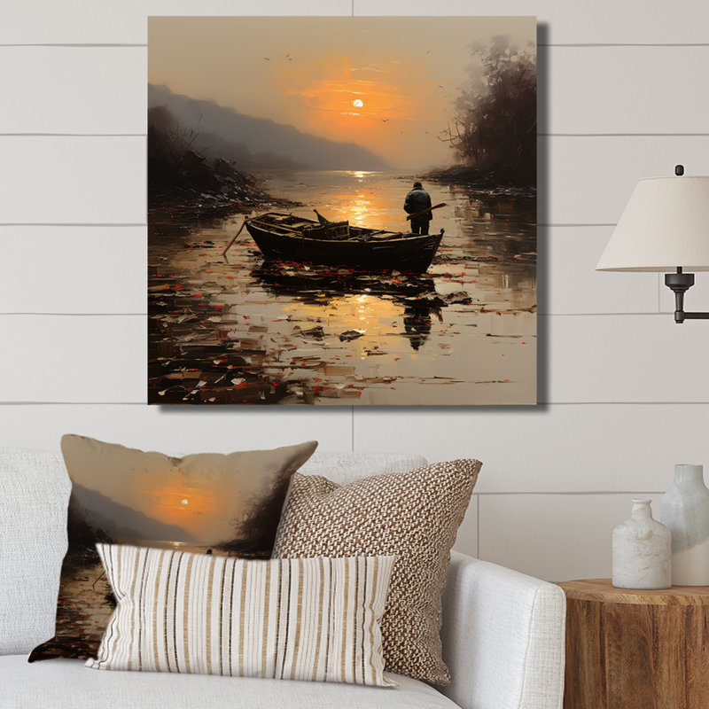 Pêche au bord de la lune orange et brune au bord du lac - Bateau pêche, art mural, Toile tendue, H 16 po x l 16 po
