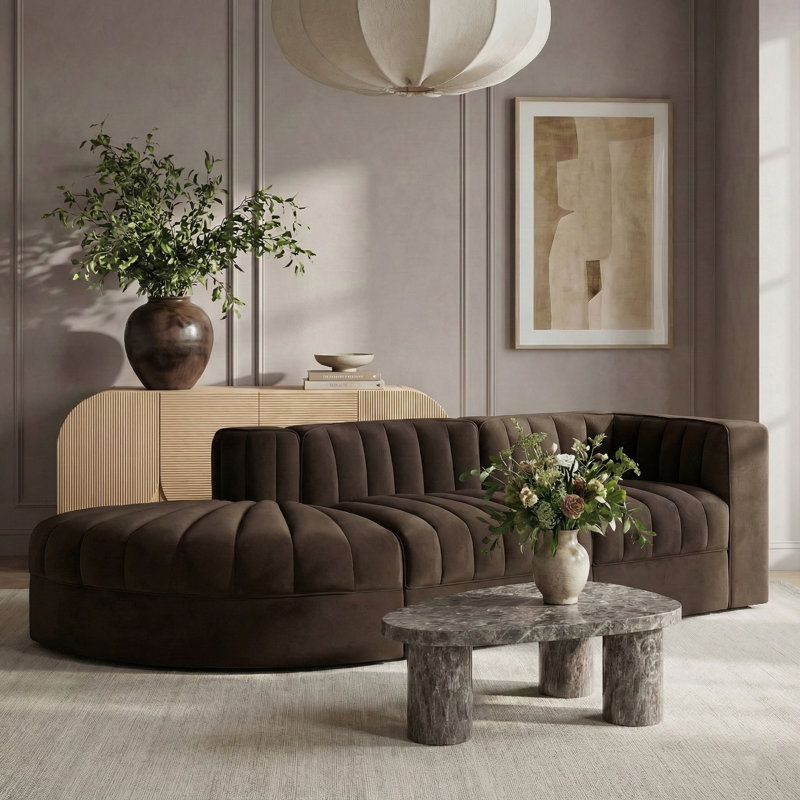 Tissu d'ameublement en velours Demars 3 pièces Canapé modulaire modulaire, Velours brun, 27" H x 112" W x 34" D