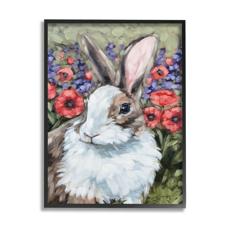 Lapin fleur prairie nature - peinture, Giclée encadrée noir minuit, H 14 po x l 11 po x P 1,5 po